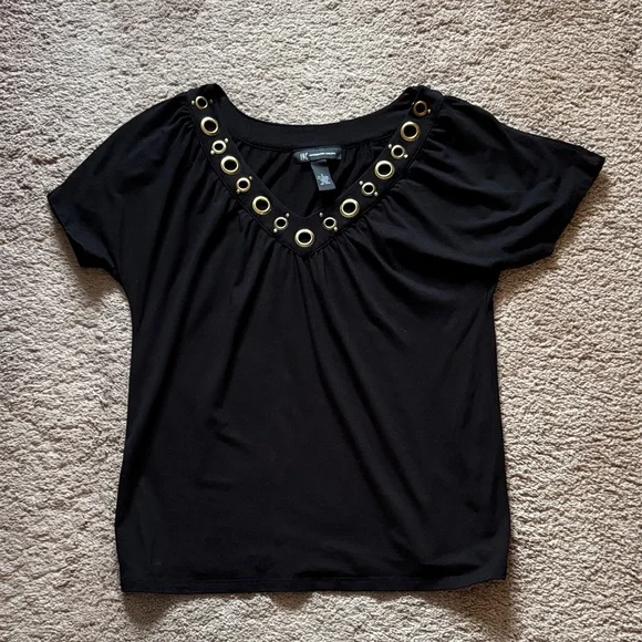 INC brand Black Short Sleeve Top with Gold Eyelet V-Neckline. Size Small - Picture 11 of 12
